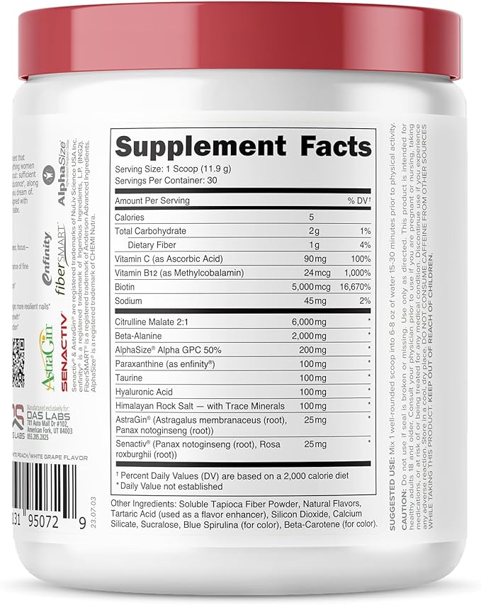 Babe Pre Workout powder for Women | Sparkling Orchard | 6g Citrulline 2g Beta-Alanine 100mg Hyaluronic Acid 5mg Biotin and 5 other registered trademarked ingredients | 30 servings | 12.6 OZ
