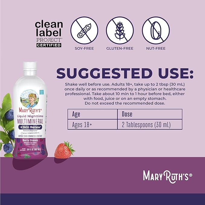 MaryRuth's Liquid Nighttime Liquid Multimineral + Skin Renew | Clinically Shown in Women to Reduce Fine Wrinkle &amp Improve Skin Firmness | Sepitone | NO Melatonin | Magnesium | Vegan | 30 Servings