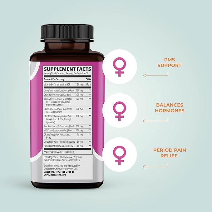LifeSeasons - PreMense-T - PMS Relief Supplement - Support for Pre-Menstrual Symptoms Cramping &amp Breast Tenderness - Nourish Tissue - Ginger Crampbark Dong Quai Chasteberry &amp Vitamin B6-60 Ca
