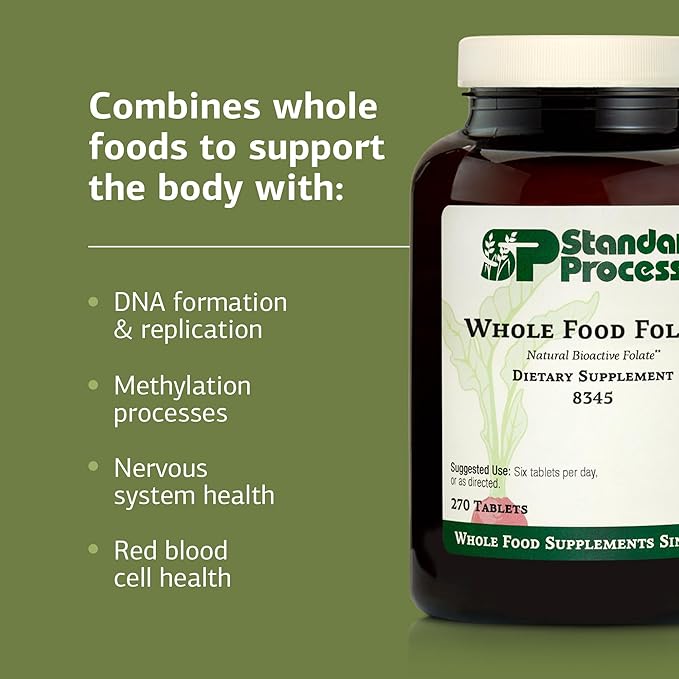 Standard Process Whole Food Folate - Supports Cellular Health &amp Processes - Includes Vitamin B12 - Supports Vascular Function - Vegetarian Gluten-Free &amp Non-Dairy - 270 Capsules (45 Servings)