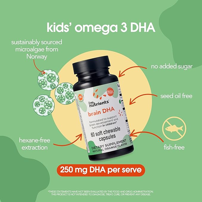 I'm Nutrients Brain DHA Algae Omega 3 Supplement for Kids | Supports Brain Development | Promotes Healthy Eye Function | Naturally Flavored | 60 Chewable Soft Gelatin Capsules