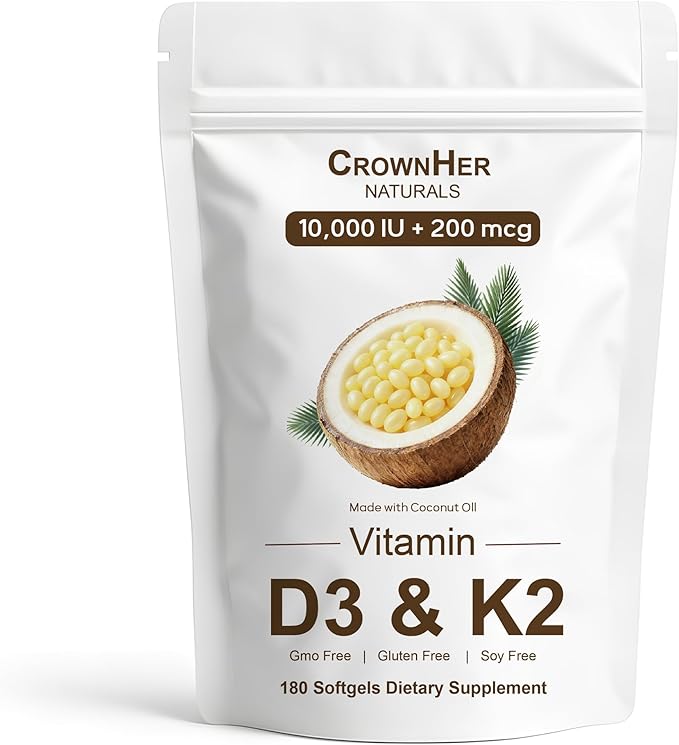 Naturals D3 K2 Essentials Vitamin D3 K2 Vitamin D3 K2 10000 IU+ K2 200 mcg MK-7 Coconut Oil Extra Strength Bone &amp Immune Support 180 Softgels