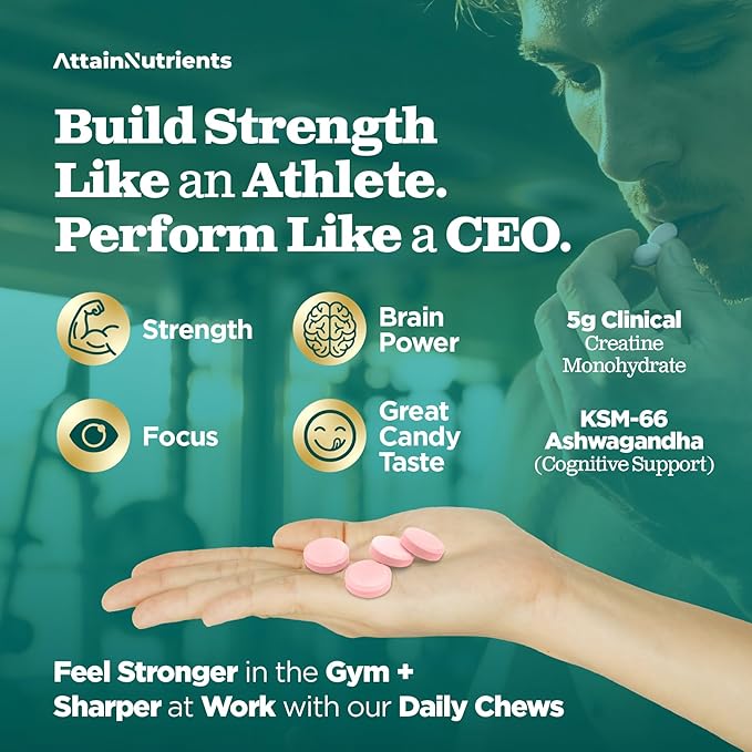 Creatine Chews - 5000mg Creatine Monohydrate Tablets for Men &amp Women with Ashwagandha KSM-66 - Low Sugar Muscle Support &amp Cognitive Boost - Gummy Alternative - 120 Count (Strawberry Lemonade)
