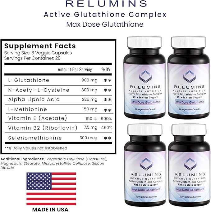 Relumins Advance White Active Glutathione Complex - Max Dose 900mg Glutathione with 6X Boosters ALA &amp NAC - Anti-Aging &amp Skin Supplement Mother's Day Wellness - 60 Caps x 10 Bottles