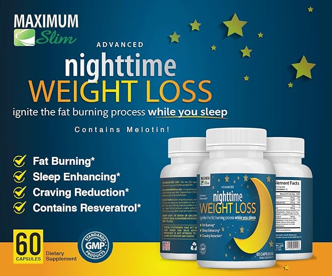 Maximum Slim Nighttime Weight Support – Gentle Fat Burning &amp Sleep Aid – African Mango Resveratrol &amp Green Tea – Non-GMO Vegan 60 Capsules