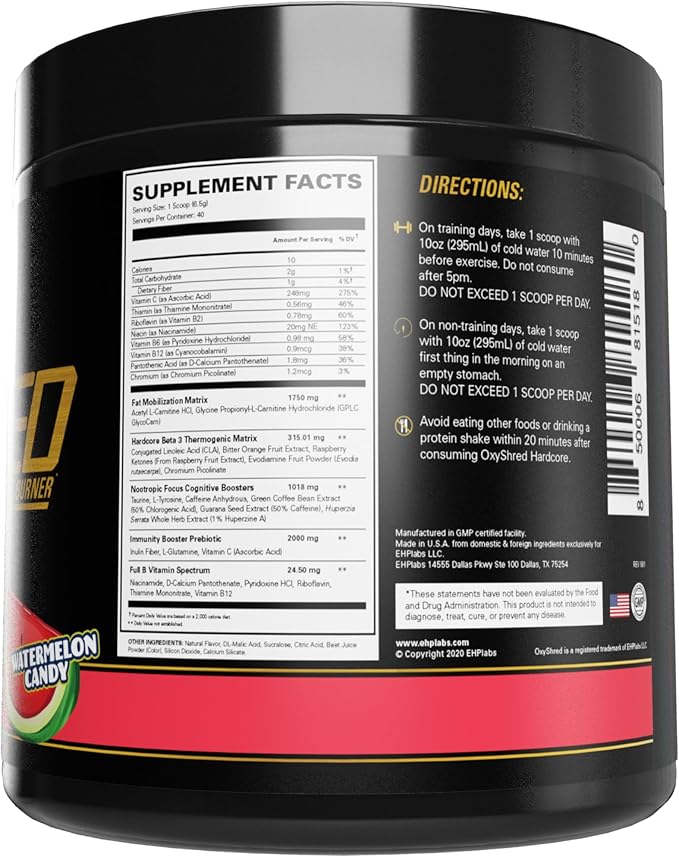 EHP Labs OxyShred Hardcore Super Dosed Pre Workout Powder - Preworkout Powder with L Glutamine &amp Acetyl L Carnitine Energy Boost Drink - 275mg of Caffeine - Watermelon Candy 40 Servings