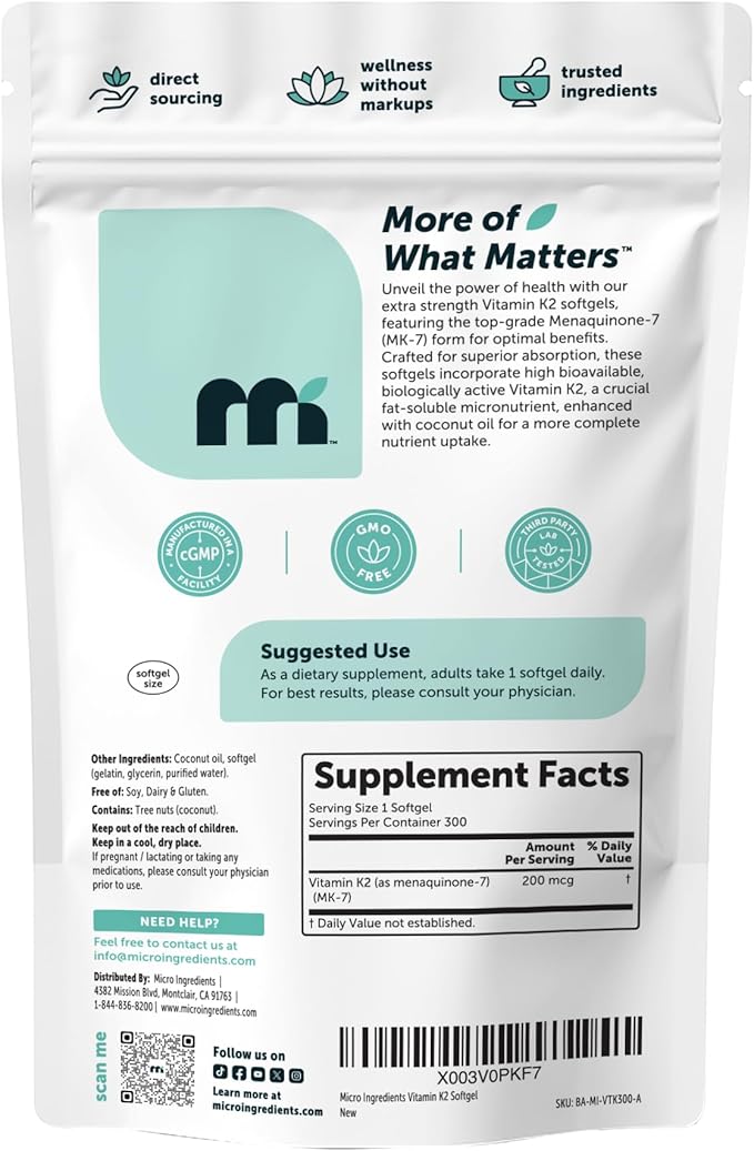 Micro Ingredients Vitamin K2 MK-7 200 mcg Per Serving 300 Coconut Oil Softgels | K2 Vitamin Supplement with Coconut Oil | Non-GMO