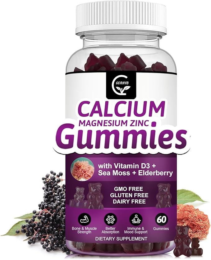 Calcium Magnesium Zinc Gummies with High Absorption Magnesium Glycinate 300mg Potassium - Plant Complex Calcium Magnesium 2:1 Ratio with D3 Sea Moss for Bone Immune &amp Sleep Support Vegan-1 Pac
