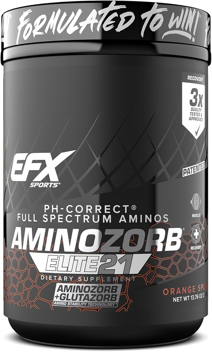 EFX Sports Aminozorb Elite 21 | PH-Correct Full Spectrum Aminos + Glutamine | Essential &amp Non Essential Aminos | Zero Sugars | 30 Servings (Orange Splash)