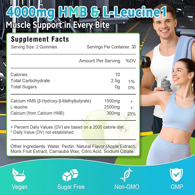 HMB and L-Leucine Gummies 4000mg HMB and Leucine Supplements Amino Acid Gummies for Men &amp Women Support Muscle Growth Muscle Relief and Workout Recovery Sugar-Free Vegan Apple Flavor 120 Co