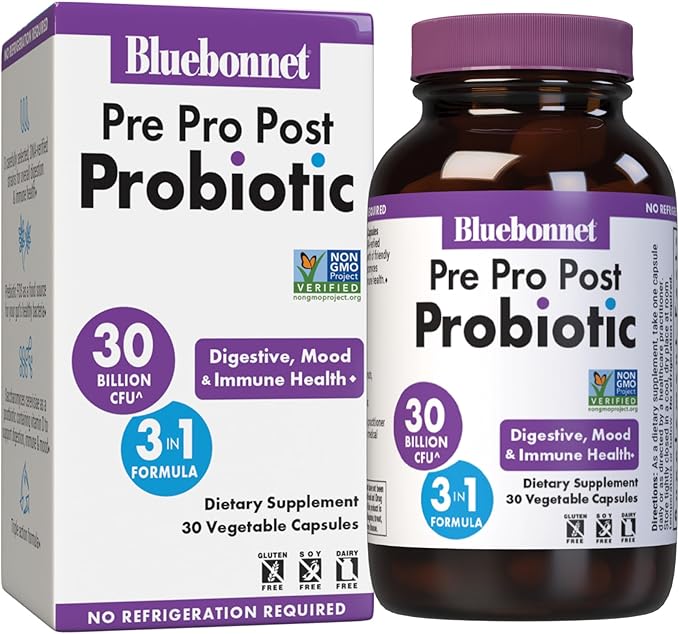 BlueBonnet Nutrition Pre Pro Post Probiotic 30 Billion CFU^ Shelf Stable – for Women &amp Men Digestion Gut Mood Immune* - Free of Dairy Gluten &amp Soy - Non-GMO - 30 Vegetable Capsules 30 Ser