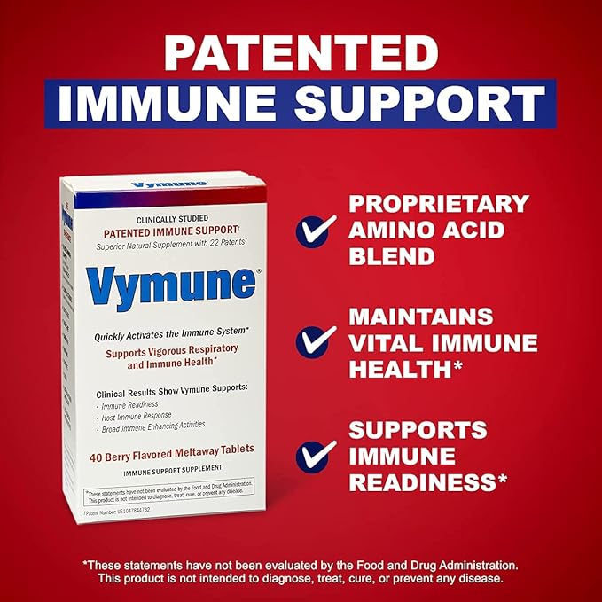 Vymune Amino-Acid Advanced Immune Support Supplement with Powerful Amino Acids Taurine Lysine and Threonine Meltaway Tablets Berry Flavored – for Adults (800mg Vitamin C 40ct.)