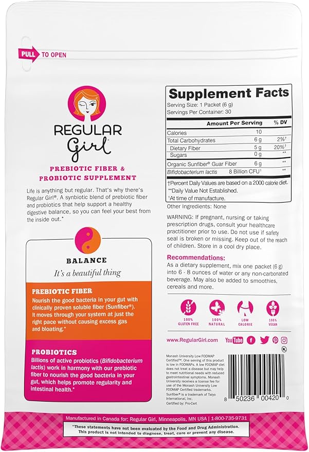 Regular Girl Organic Powder Prebiotic Fiber Supplement and Probiotics for Women Low FODMAP 30 On-The-Go Packets Unflavored 30 Serving Packets