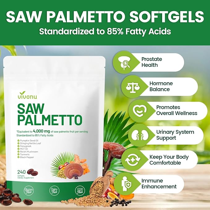 VivoNu Saw Palmetto Capsules Extract 8 in 1 Pumpkin Seed Oil - Supports Prostate Health Relieves Urination Issues Supports Hair Growth DHT Blocker 240 Softgels