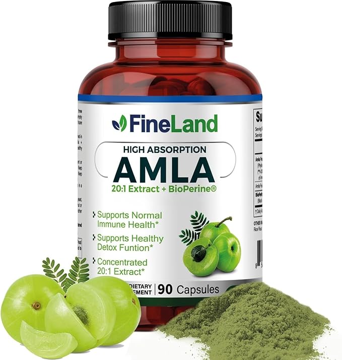 FineLand Amla (Indian Gooseberry) Full Spectrum Extract with BioPerine® for Absorption Rich in Natural Vitamin C Immune &amp Digestive Support – 90 Vegan Capsules