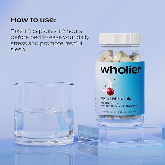 wholier Magnesium Glycinate L-Theanine Tart Cherry Juice. Natural Support for Sleep Stress + Relaxation. Melatonin-Free. Night Minerals. (60 Vegan Capsules) Glass Bottle