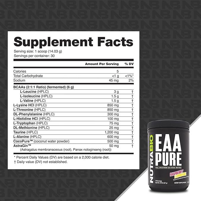 NutraBio – EAA Pure – 9 Amino Acids – Muscle Repair and Recovery 30 Servings Raspberry Lemonade – Pre or Post Workout – All Day Recovery