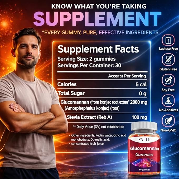 VAITE Glucomannan Gummies 2000mg – Amorphophallus Konjac Root Extract – Plant-Based Daily Fiber Support – Vegan Soluble Fiber Supplement – Gluten-Free Soy-Free – 60 Gummies – Easy to Chew