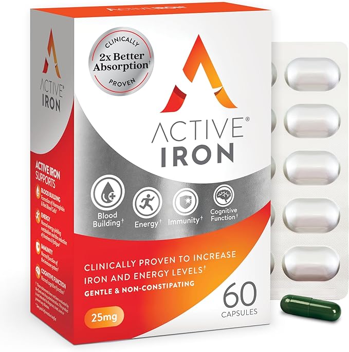 Active Iron Supplement 25mg Clinically Proven to Increase Iron &amp Energy Levels Maximum Absorption Gentle Non-Constipating Avoids Nausea &amp Side Effects 60 On-the-Go Foil Protected Capsule
