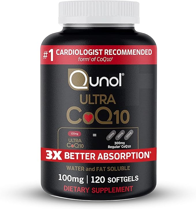 Qunol Ultra CoQ10 100mg 3x Better Absorption Patented Water and Fat Soluble Natural Supplement Form of Coenzyme Q10 Antioxidant for Heart Health 120 Count Softgels