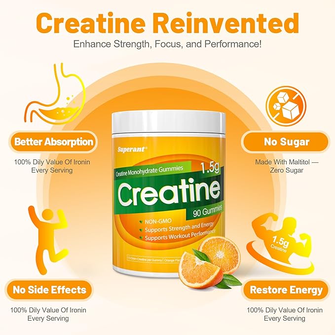 SUPERANT Creatine Monohydrate Gummies for Men &amp Women 1.5g of Creatine per Gummy Boost Focus Strength and Endurance Vegan Gluten-Free Non-GMO 90 Gummies