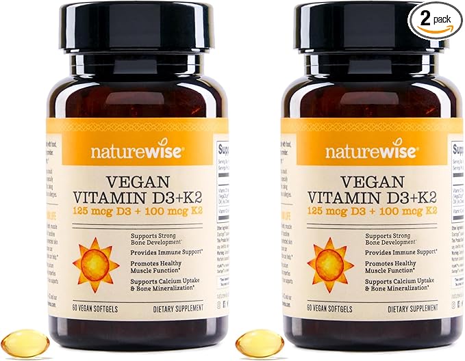 NatureWise Vegan Vitamin D3 + K2 - Natural D3 5000IU + Natural Vitamin K2 100mcg - Bone Support - High Absorption with Organic Cold-Pressed Olive Oil - Non-GMO (Pack of 2)