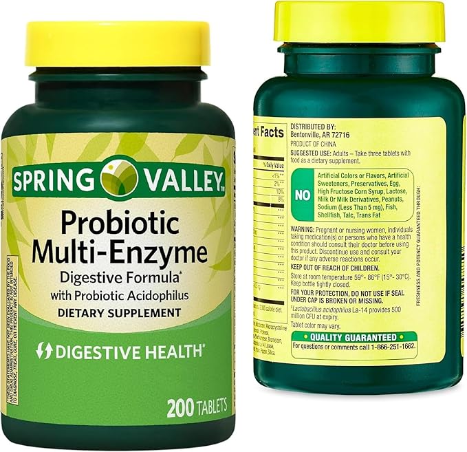 Spring Valley Probiotic Multi-Enzyme Digestive Formula Tablets 200 Count Probiotics for Men and Women for Digestive Health Bundle (Pack of 02) - Set by Basket Goods