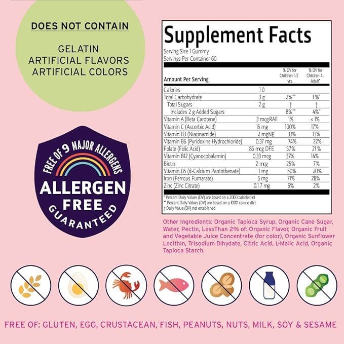 Vitamin Friends - Vegan Multivitamin &amp Iron for Kids - Daily Nutritional Support Gummies w/Ferrous Fumarate B-Complex Vitamin C Zinc Biotin - Body Function &amp Anemia - Strawberry Jam(60 Day