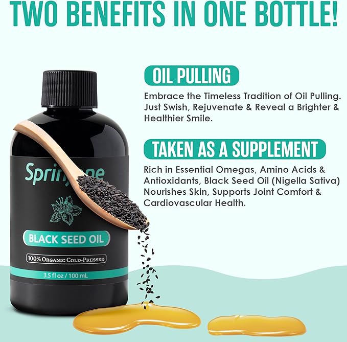 SprinJene Natural® 100% Pure Organic Black Seed Oil Cold Pressed for Oral Wellness Nigella Sativa Black Seed Oil Black Cumin Seed Oil Organic Omega 3 6 9 Nourishes Skin Supports Joint 3.5fl 2pk