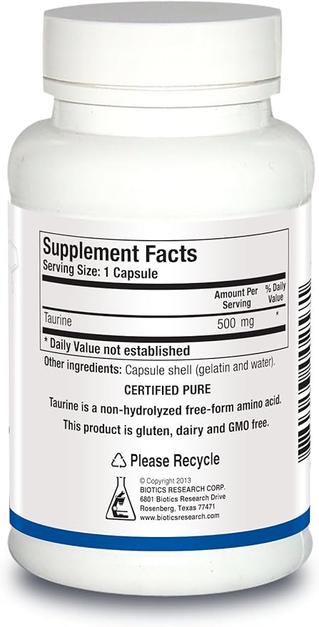 Biotics Research Taurine – 500 mg Taurine Amino Acid Brain Health Cardiovascular Health Antioxidant. 100 Capsules.