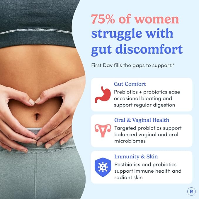 FIRST DAY Womens 3-in-1 Probiotic Gummies – Prebiotic + Probiotic + Postbiotic Supplement – Supports Digestive &amp Oral Health Immune Function &amp Energy Levels – 30-Day Supply