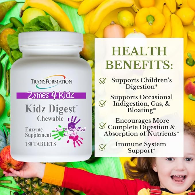 TRANSFORMATION THE GENESIS OF GOOD HEALTH Enzymes Kidz Digestive Enzyme Supplement Chewable Promote Healthy &amp Complete Digestion &amp Elimination 180 Tablets