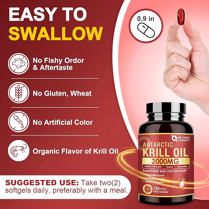 NATURE TARGET Krill Oil 2000 mg with Omega-3 EPA &amp DHA with Astaxanthin Supplement Choline - Supports Heart Brain Join Eye Health Non-GMO Gluten Free 120 Softgels (60 Servings)