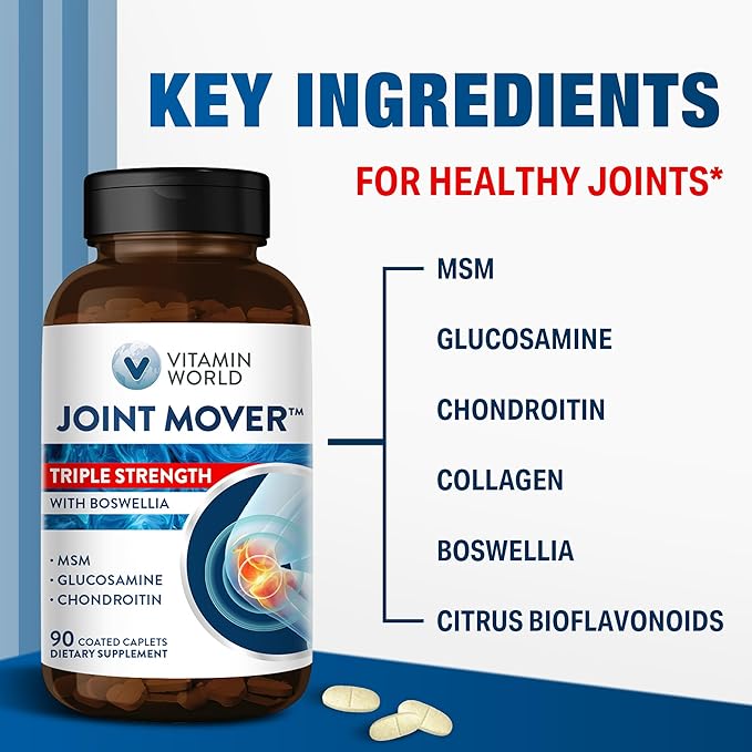 Vitamin World Triple Strength Joint Mover Glucosamine Chondroitin with MSM Joint Support Supplement Collagen &amp Boswellia Serrata Extract Support Joint Strength Comfort &amp Flexibility 90 Ca