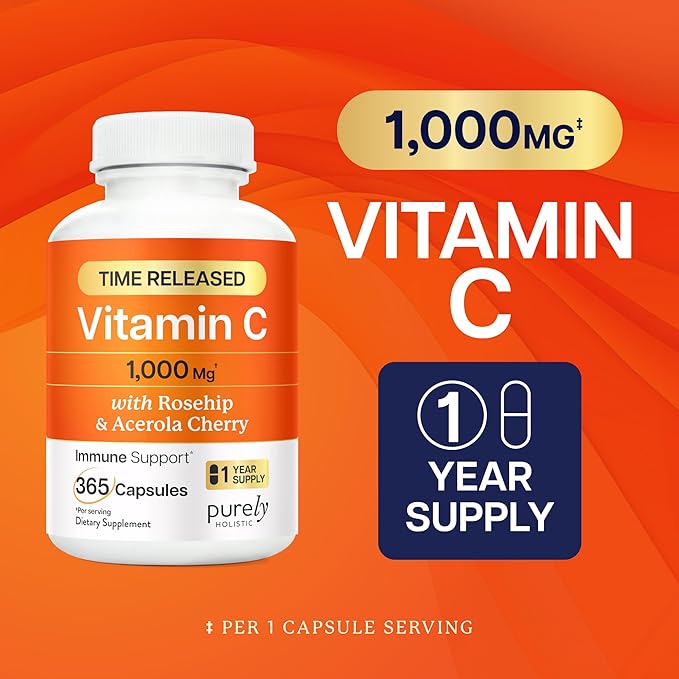 Purely Holistic Vitamin C 1000mg 365 Capsules 12 Month Supply 2 Stage Timed Release with Ascorbic Acid Rosehip &amp Acerola Cherry Bioflavonoid Immune System Support Vegan