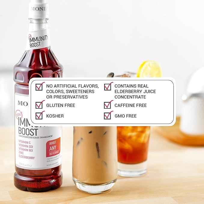 Monin - Total Immunity Boost Liquid Blend of Vitamins Minerals &amp Antioxidants Immune Boosting Vitamin C &amp D + Elderberry For All Beverages Low Calorie (1 Liter + Pump)