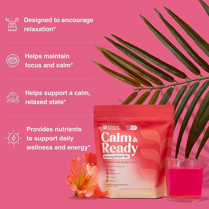 Calm and Ready Powder Drink Mix with Magnesium Glycinate Ashwagandha KSM 66 L Theanine and Tart Cherry Relaxation Support Supplement Strawberry Pina Colada 20 Travel Packets
