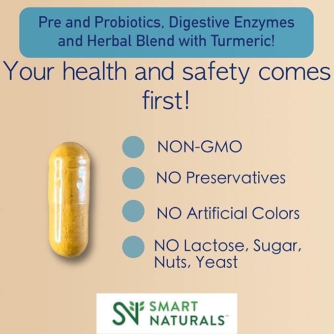 IBplus® Probiotic Digestive Enzyme &amp Herbal Blend Improved Formula-60 Capsules!! for Irritable Bowel - Abdominal Pain Constipation Diarrhea Gas/Bloating –Proprietary Formula by Smart Naturals