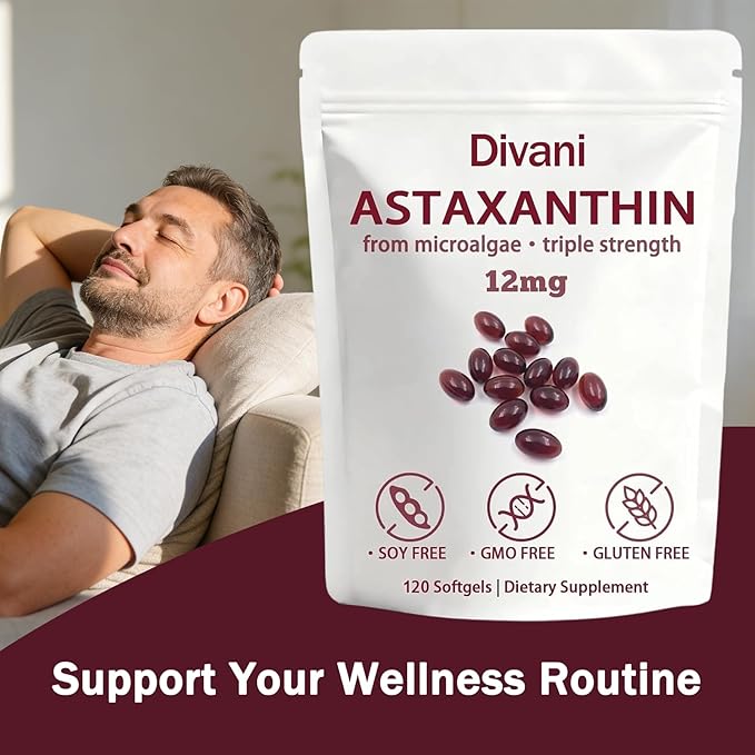 Divani Astaxanthin 12mg Softgel ValAsta Antioxidant Supplement Easy-to-Swallow Softgels Daily Wellness &amp Skin Support Non-GMO Gluten Free 120 Softgels
