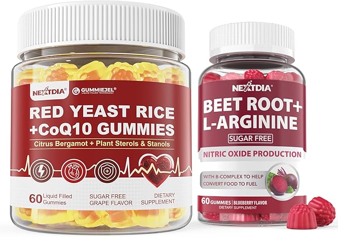 Nextdia 1 Pack Red Yeast Rice Gummies 2400MG with CoQ10 + 1 Pack Beet Root Gummies