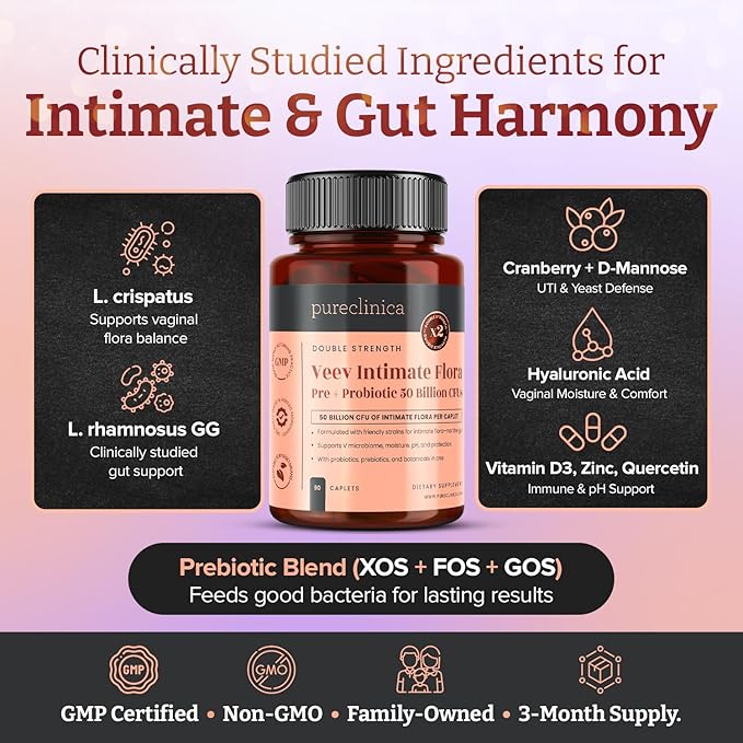Veev Intimate Flora - Vaginal &amp Gut Microbiome Support – 50 Billion CFU – Probiotics Prebiotics Cranberry D-Mannose Hyaluronic Acid – 90 Caplets – 3 Month Supply