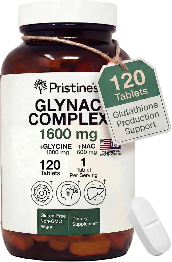 GlyNAC Supplement Complex Large Size Tablet 1600MG Glutathione Production - 3rd Party Tested Healthy Aging &amp Cognitive Support - Glycine &amp NAC Gluten Free Non GMO USA Made Glass Bottle