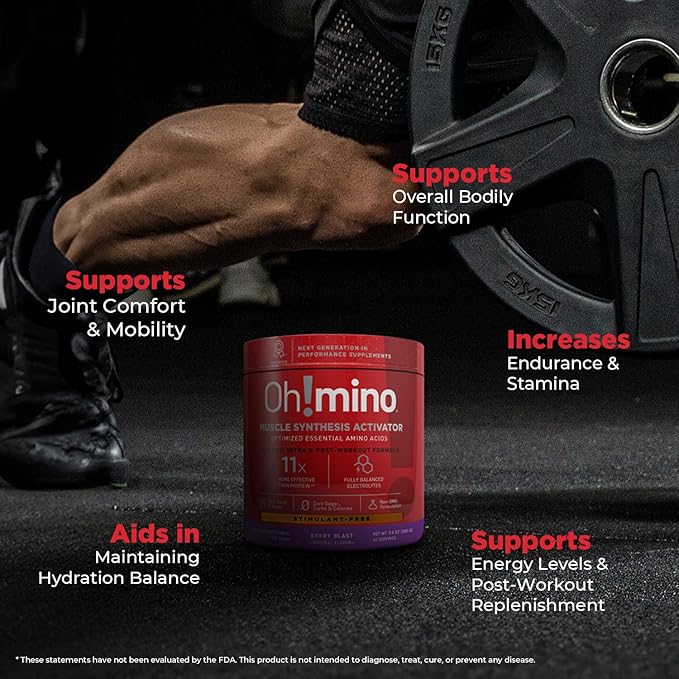 Oh!mino Essential Amino Acids Supplement Berry Blast Stimulant-Free Powder All 9 EAAs BCAAs and The Perfect Amino for Workouts Amino Energy and to Build Muscle and Recover Faster