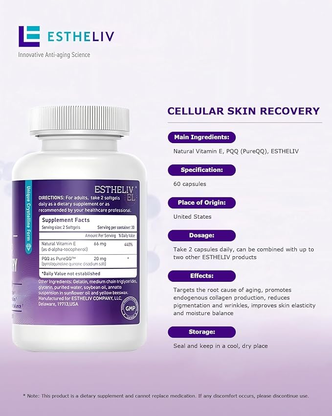Cellular Skin Recovery Supplement Hit The Root of Skin Aging PQQ Reduces Pigmentation and Wrinkles Improves Skin's Elasticity and Moisture Balance