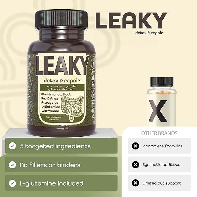 Samara 888 Leaky Gut Repair Supplement &amp Candida Support with Marshmallow Root Woormwood and PAU D'Arco - Liver Cleanse Detox &amp Repair - Supports Gas Relief for Adults - 90 Vegan Capsules