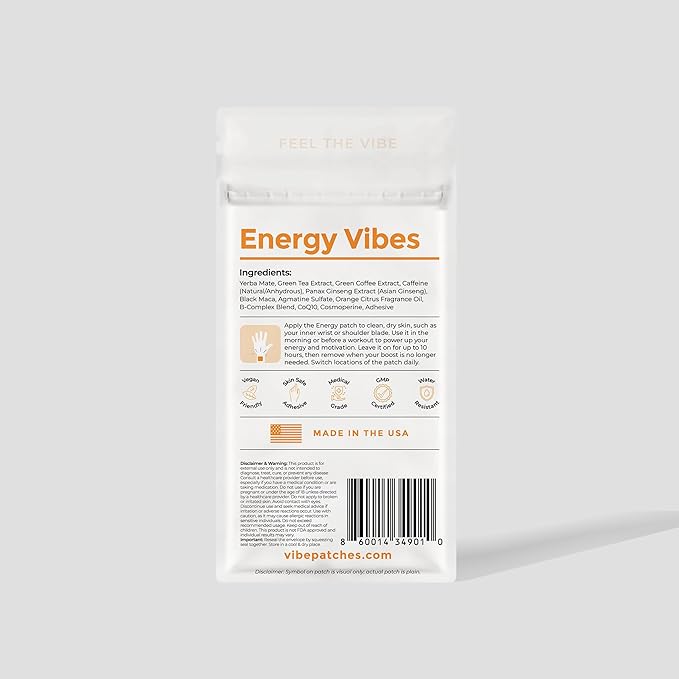 Energy Patch | Wearable Wellness for Caffeine Support with Yerba Mate Green Tea | Long Lasting Patch for 10 Hours | Vegan &amp Latex Free | 4 Patches Per Pack 2 Pack