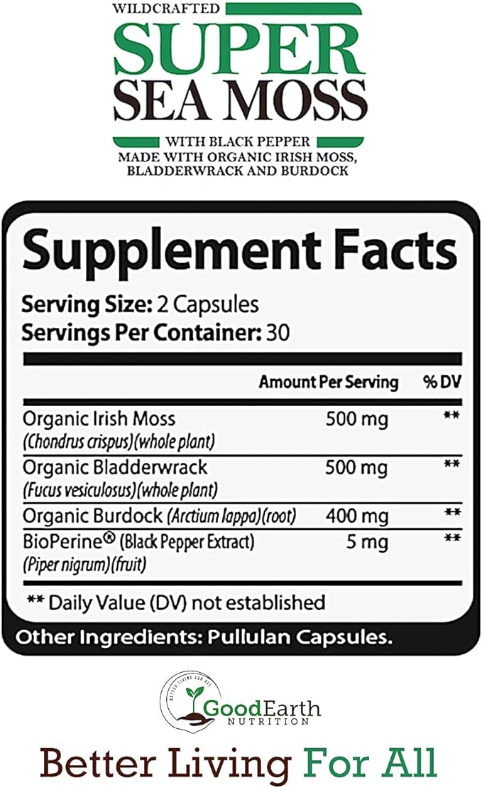 Vegan Organic Irish Sea Moss Capsules - Bladderwrack &amp Burdock Root Supplement - Raw &amp Wildcrafted Super Seamoss - Immune Support - Aids Healthy Thyroid &amp Skin - Helps Detoxification