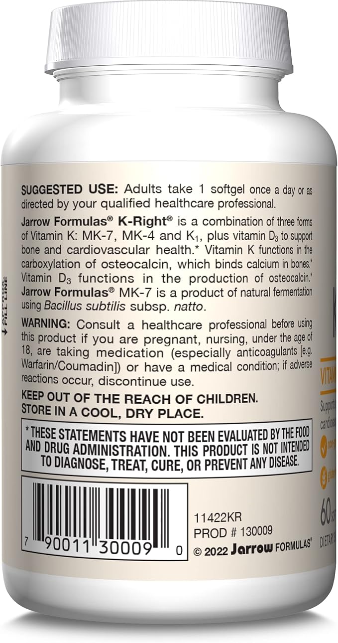 Jarrow Formulas K-Right - Vitamin K-Complex (K1 MK-4 MK-7 D3) - 60 Servings (Softgels) - Dietary Supplement for Bone &amp Cardiovascular Health Support - Vitamin K2 MK-7 - Gluten Free