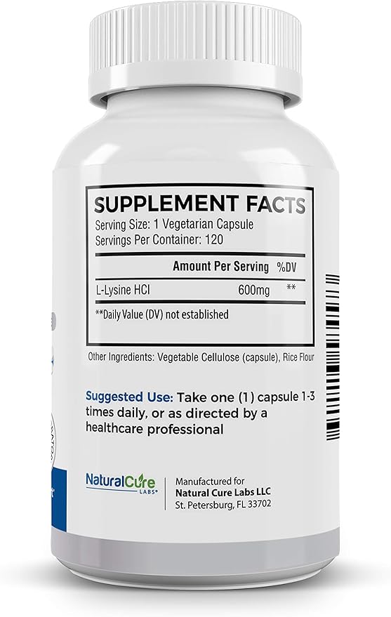 Natural Cure Labs Clean L-Lysine 600mg 120 Capsules | Vegan Non-GMO &amp Gluten Free