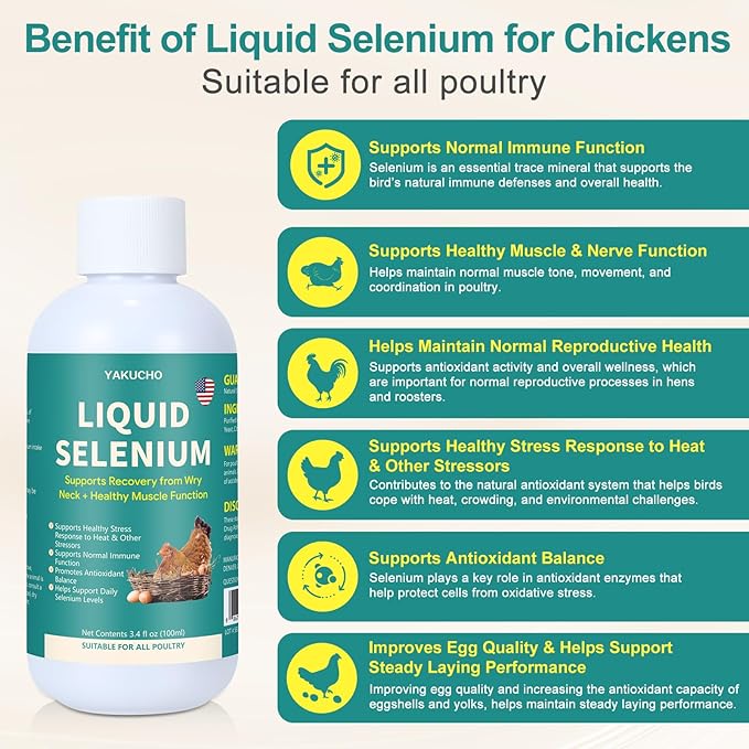 Liquid Selenium for Poultry Supports Muscle Function Stress Response Immune Balance Antioxidant Support Suitable for All Poultry 3.4 fl oz